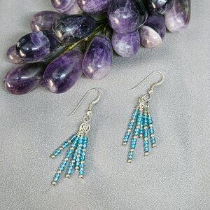NWOT Earrings, Handcrafted of Turquoise Seed Beads w/SS Beads & Ear Wires - 2"